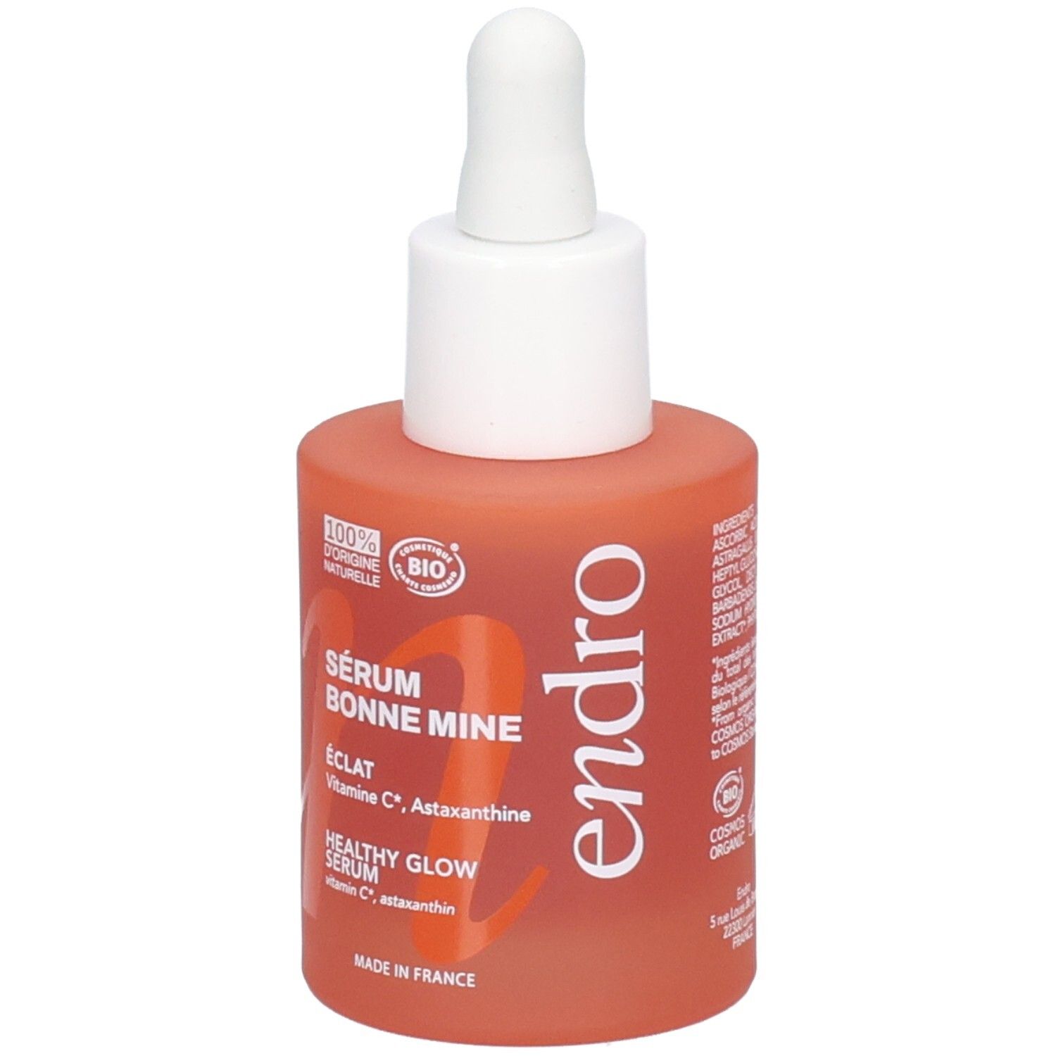 Flacone Endro Sérum Bonne Mine con contagocce. Vetro arancione con tappo bianco e logo.