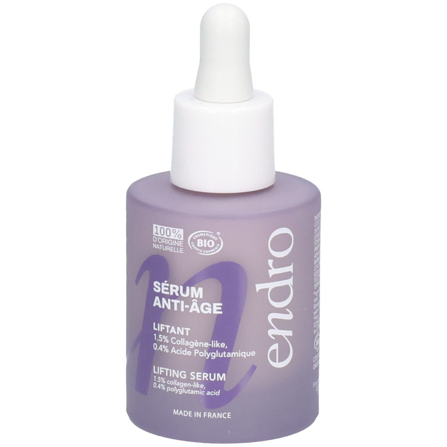 Flacone in vetro lilla con tappo contagocce, Siero Anti-Età Liftante Endro, Made in France.