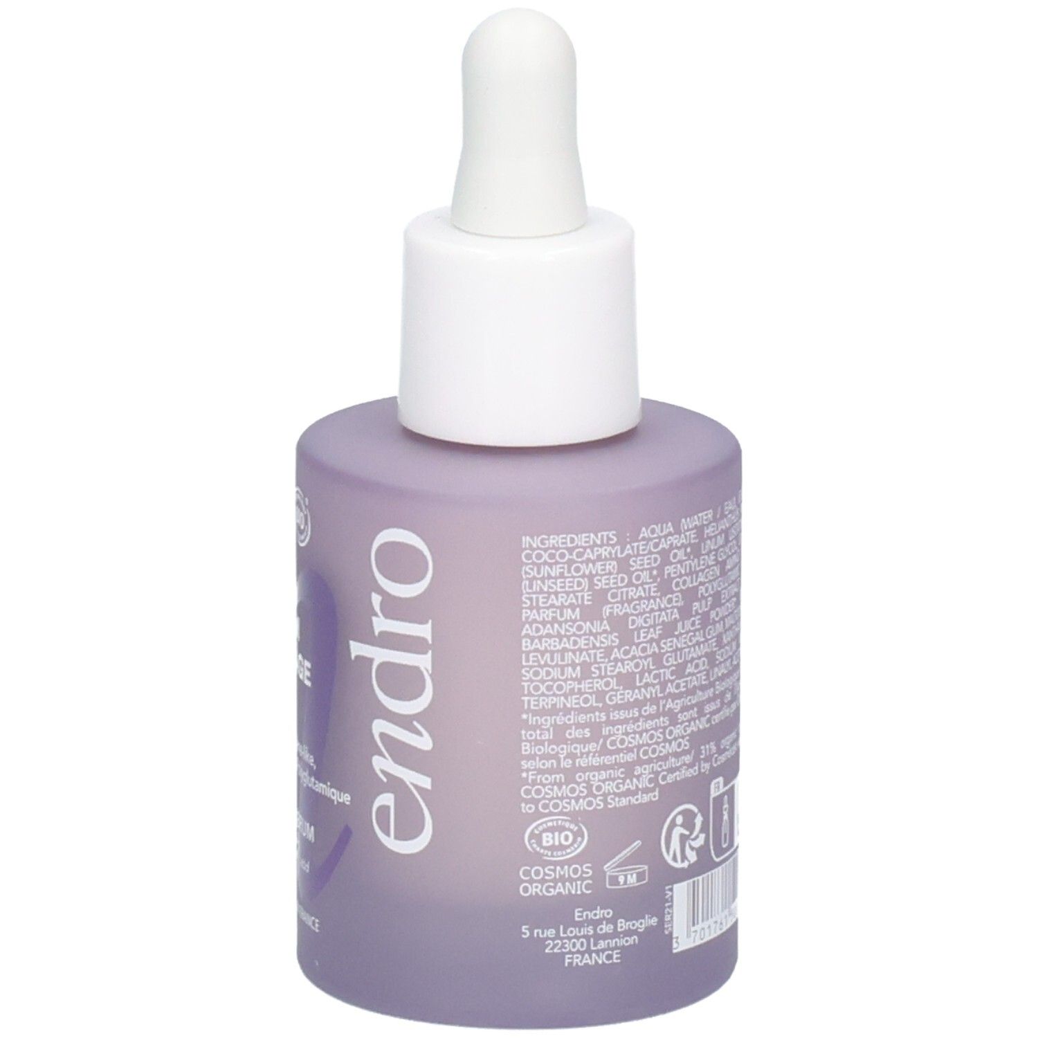 Flacone in vetro lilla con tappo contagocce, Siero Anti-Età Liftante Endro, elenco ingredienti.