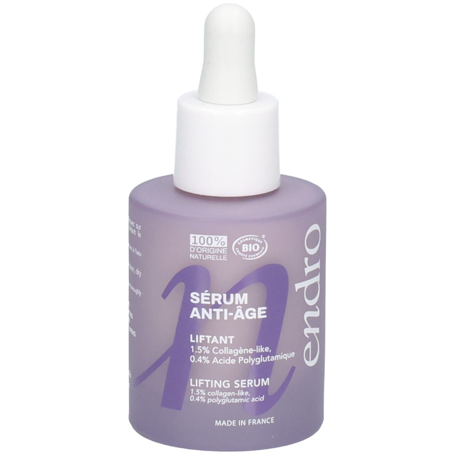 Flacone in vetro lilla con tappo contagocce, Siero Anti-Età Liftante Endro, origine 100% naturale.