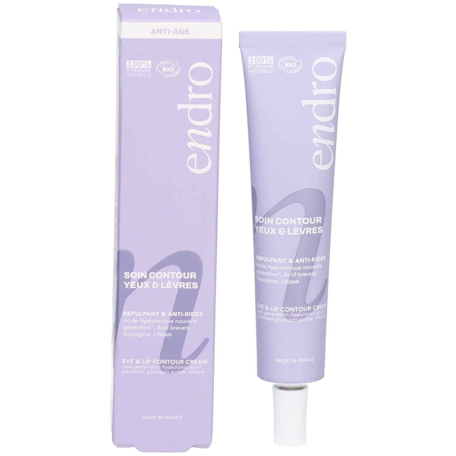 Tubo viola e scatola pieghevole per 'Endro Soin Contour Yeux & Lèvres' con sigillo Bio.