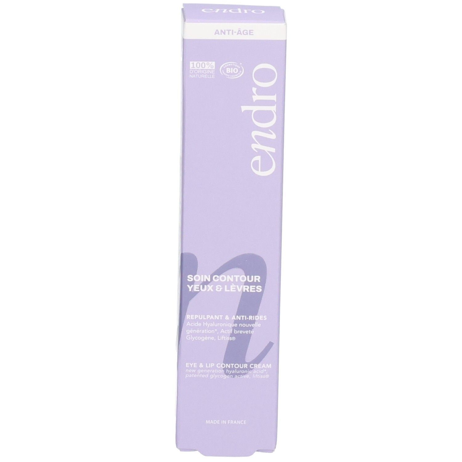 Scatola pieghevole viola per 'Endro Soin Contour Yeux & Lèvres' con sigillo Bio.