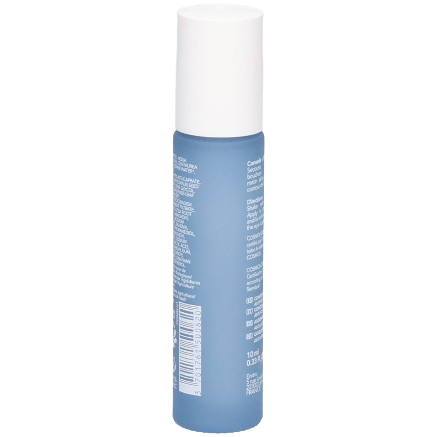Vista laterale roll-on contorno occhi Endro. Flacone con etichetta e codice a barre.