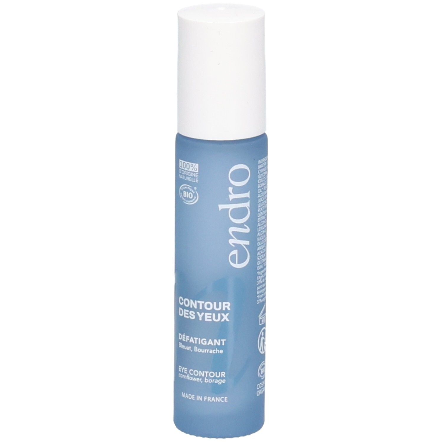 Roll-on contorno occhi Endro, blu, tappo bianco. Fronte con nome del prodotto.