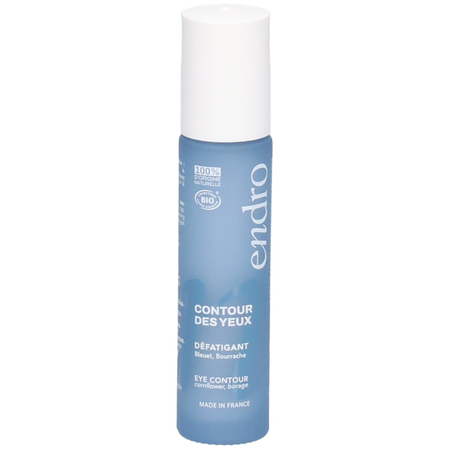 Roll-on contorno occhi Endro, blu, tappo bianco. Fronte con logo e sigillo BIO.