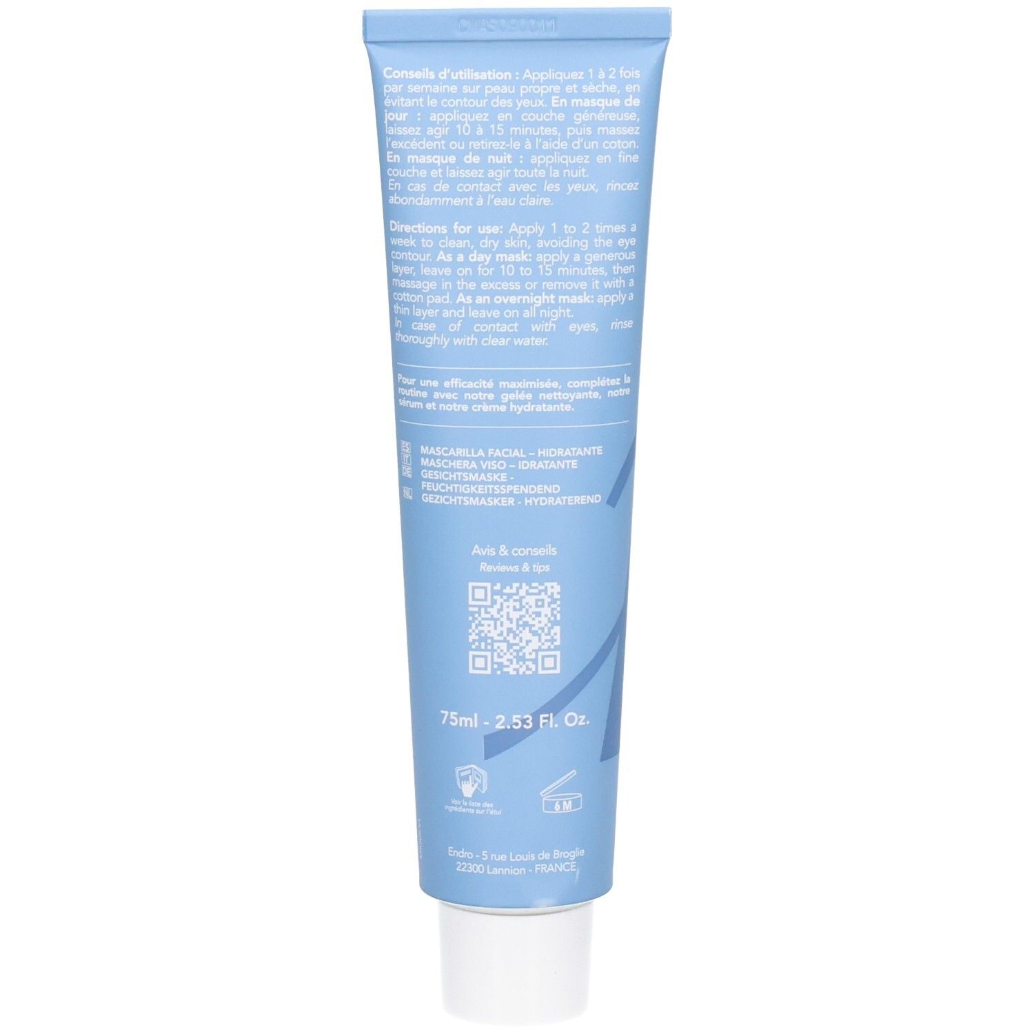 Retro del tubo Endro Maschera Crema Idratante con istruzioni per l'uso e ingredienti.