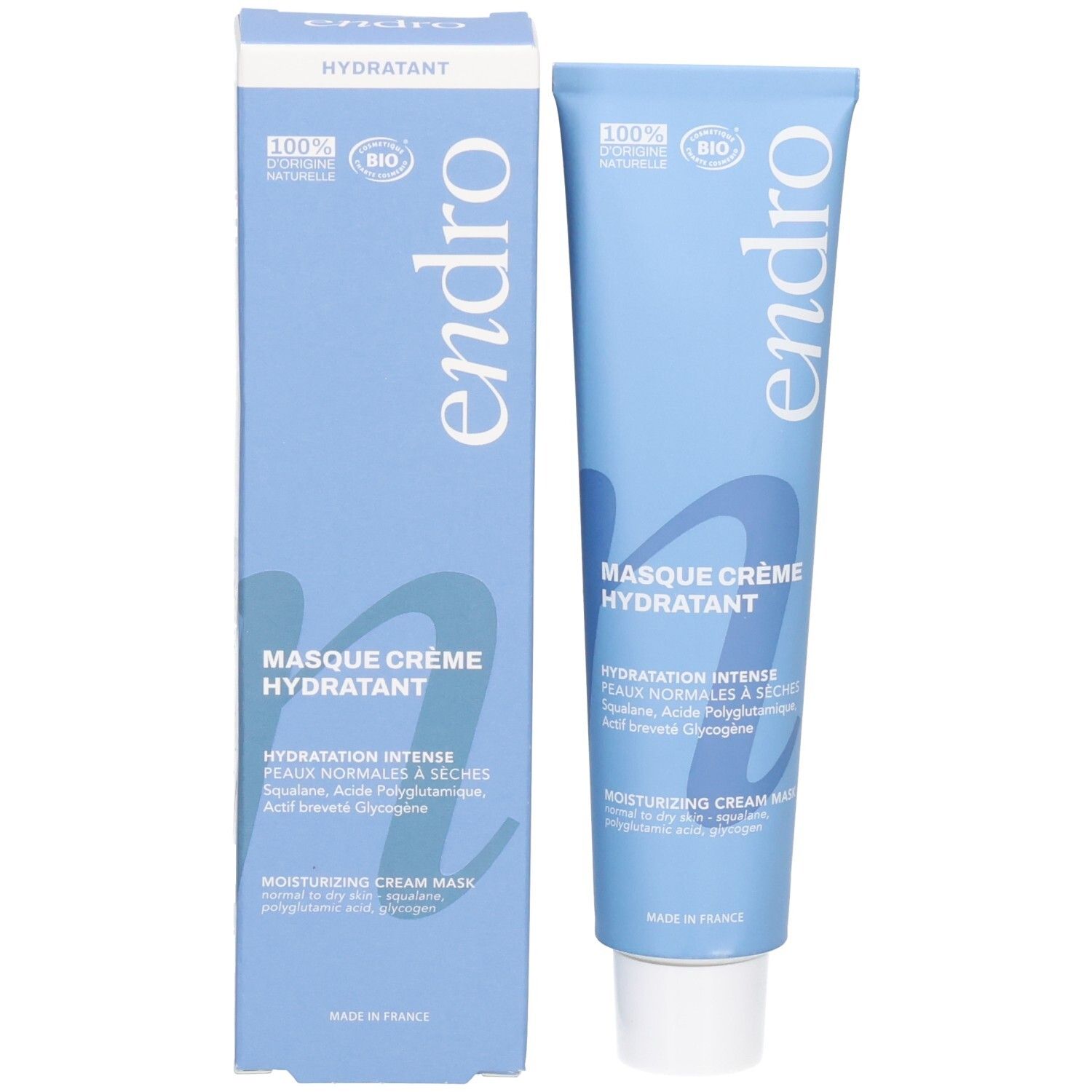 Endro Maschera Crema Idratante con la sua confezione. Ingredienti 100% naturali, certificato Bio.