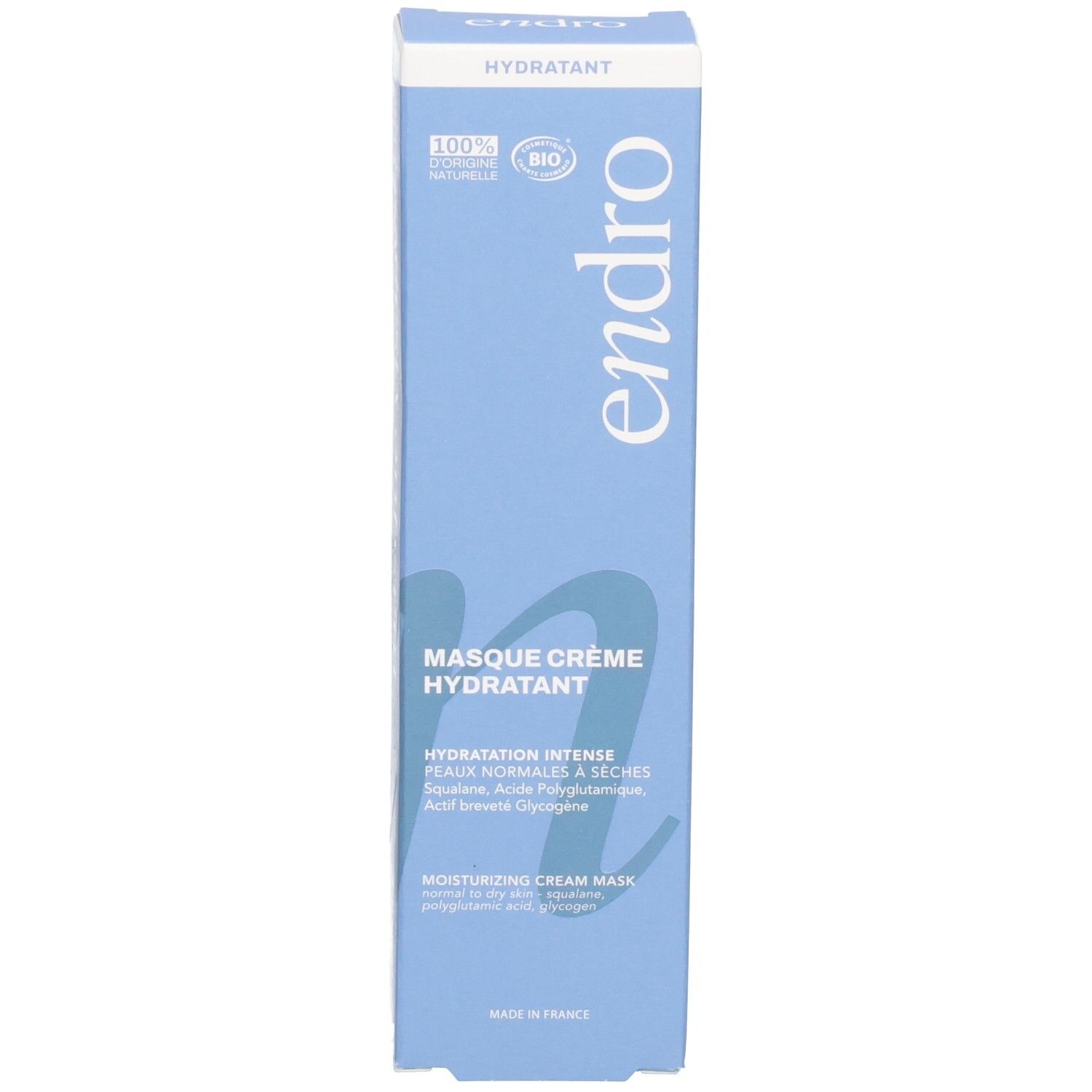Confezione della Endro Maschera Crema Idratante. Ingredienti 100% naturali, certificato Bio.