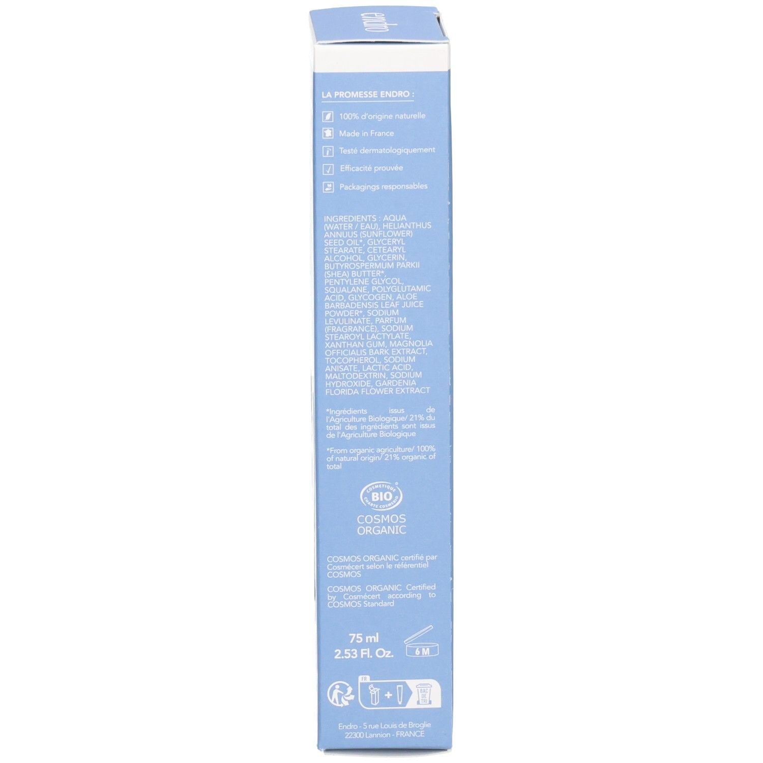 Lato della confezione Endro Maschera Crema con ingredienti, certificazioni e dimensioni.