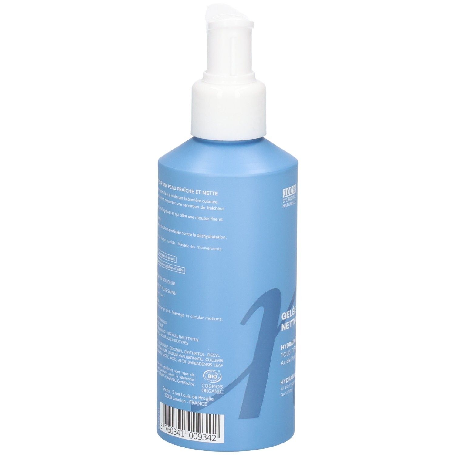 Retro di un flacone blu con erogatore a pompa, Gel Detergente Idratante Endro.