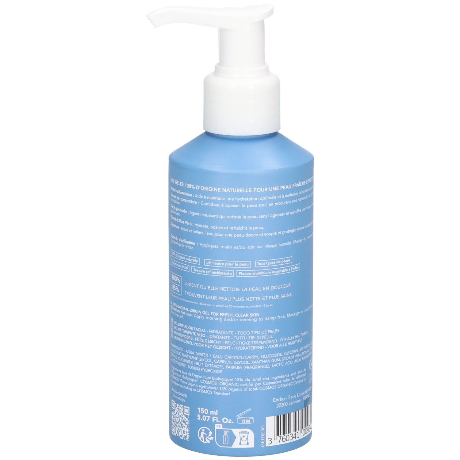 Retro di un flacone blu con erogatore a pompa, 150ml, Gel Detergente Idratante Endro.