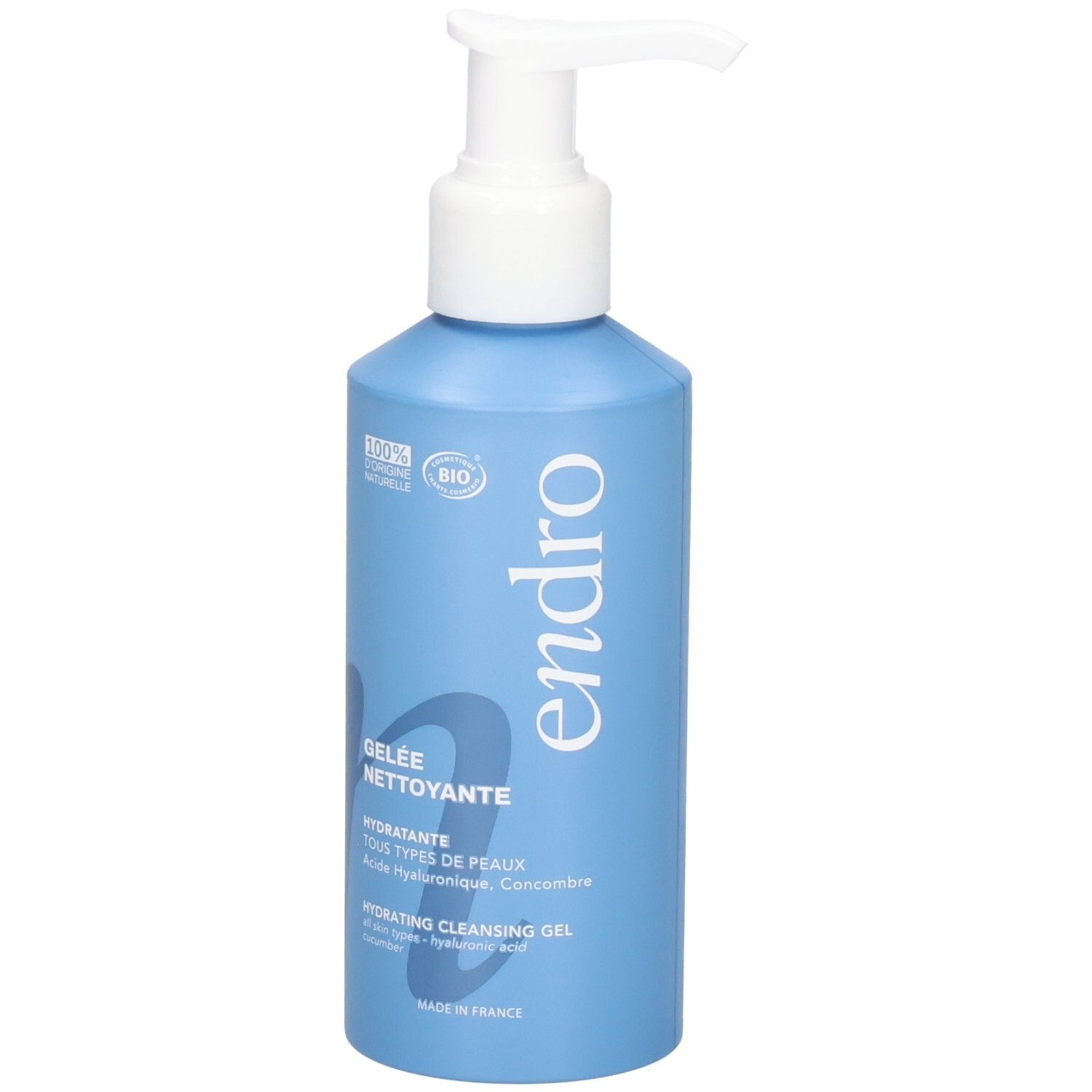 Flacone blu con erogatore a pompa, Gel Detergente Idratante Endro, 100% ingredienti naturali.