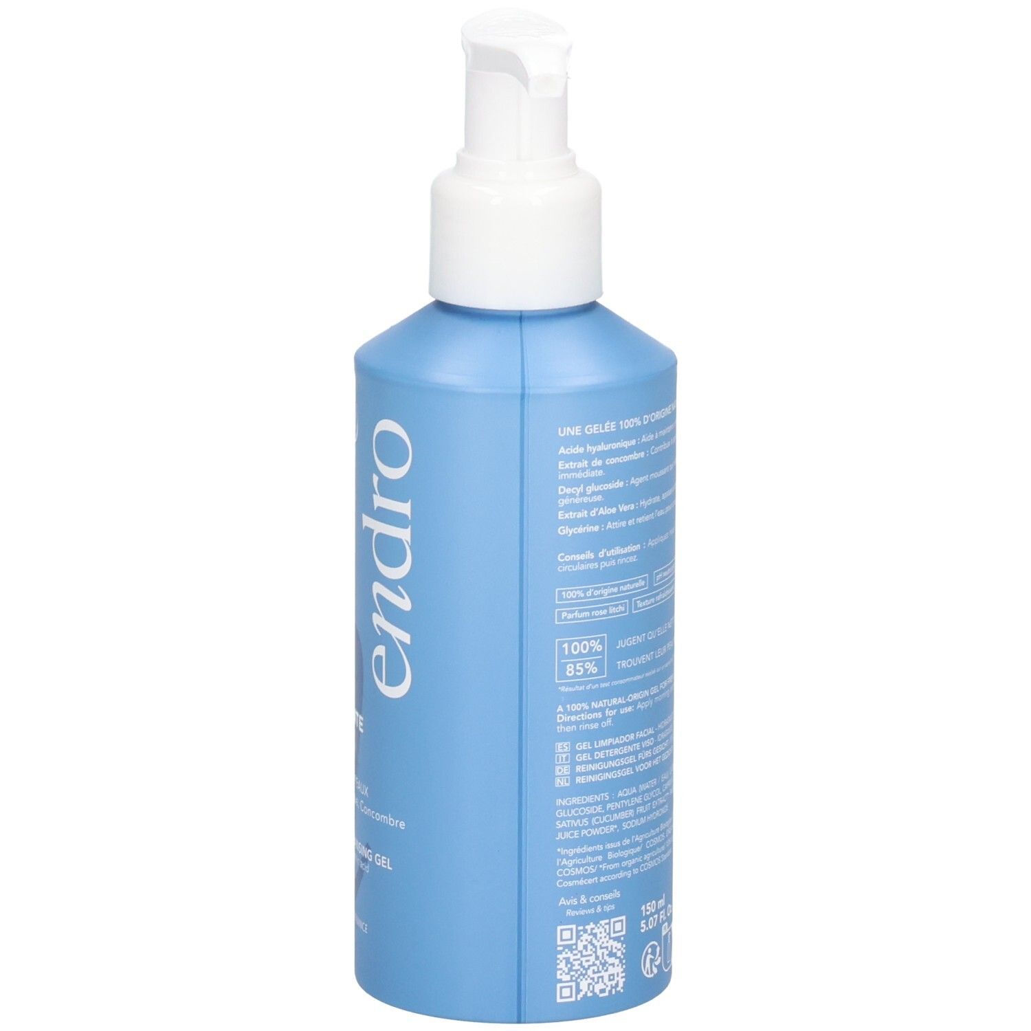 Retro di un flacone blu con erogatore a pompa, Gel Detergente Idratante Endro, sigillo Bio.