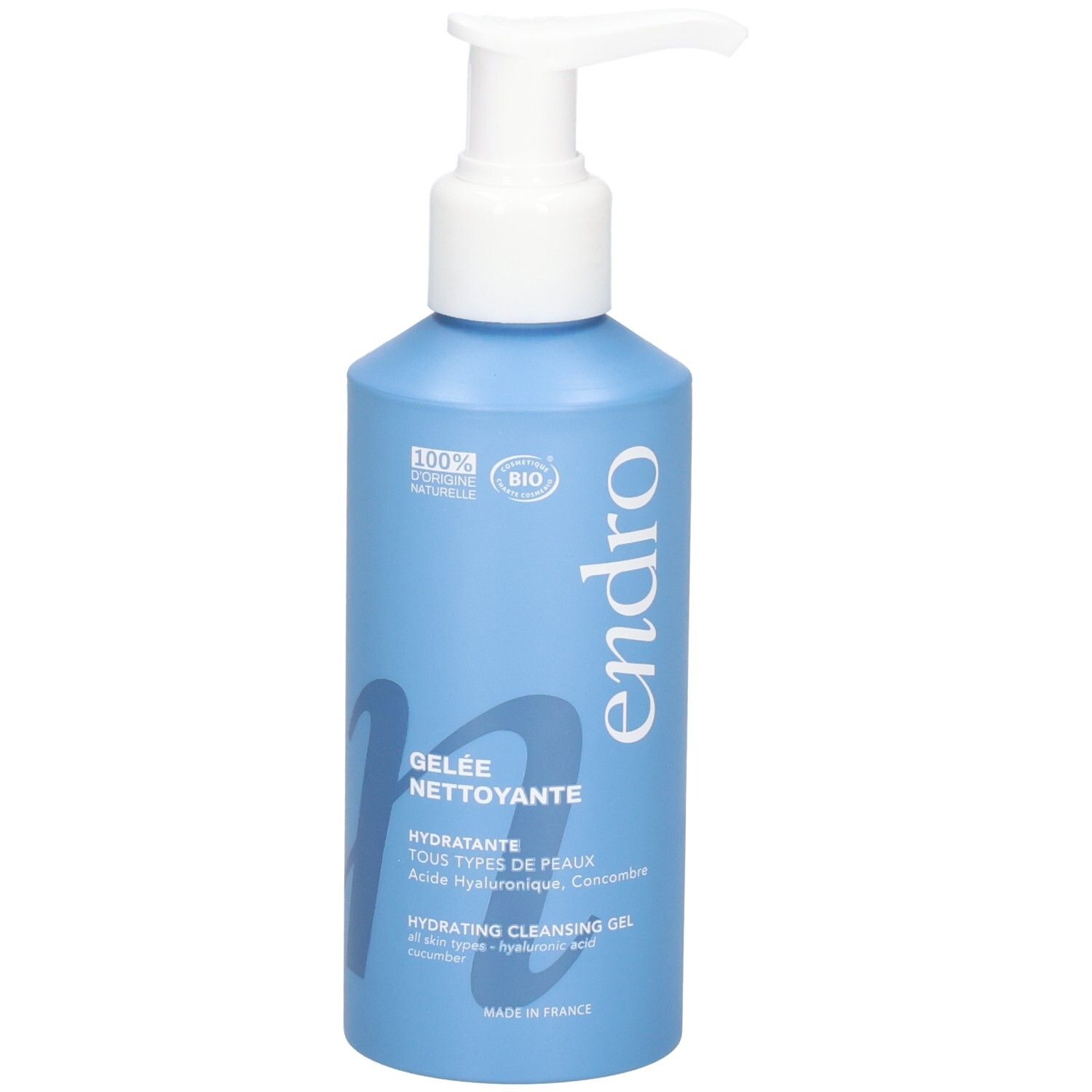 Flacone blu con erogatore a pompa, Gel Detergente Idratante Endro, su sfondo blu.