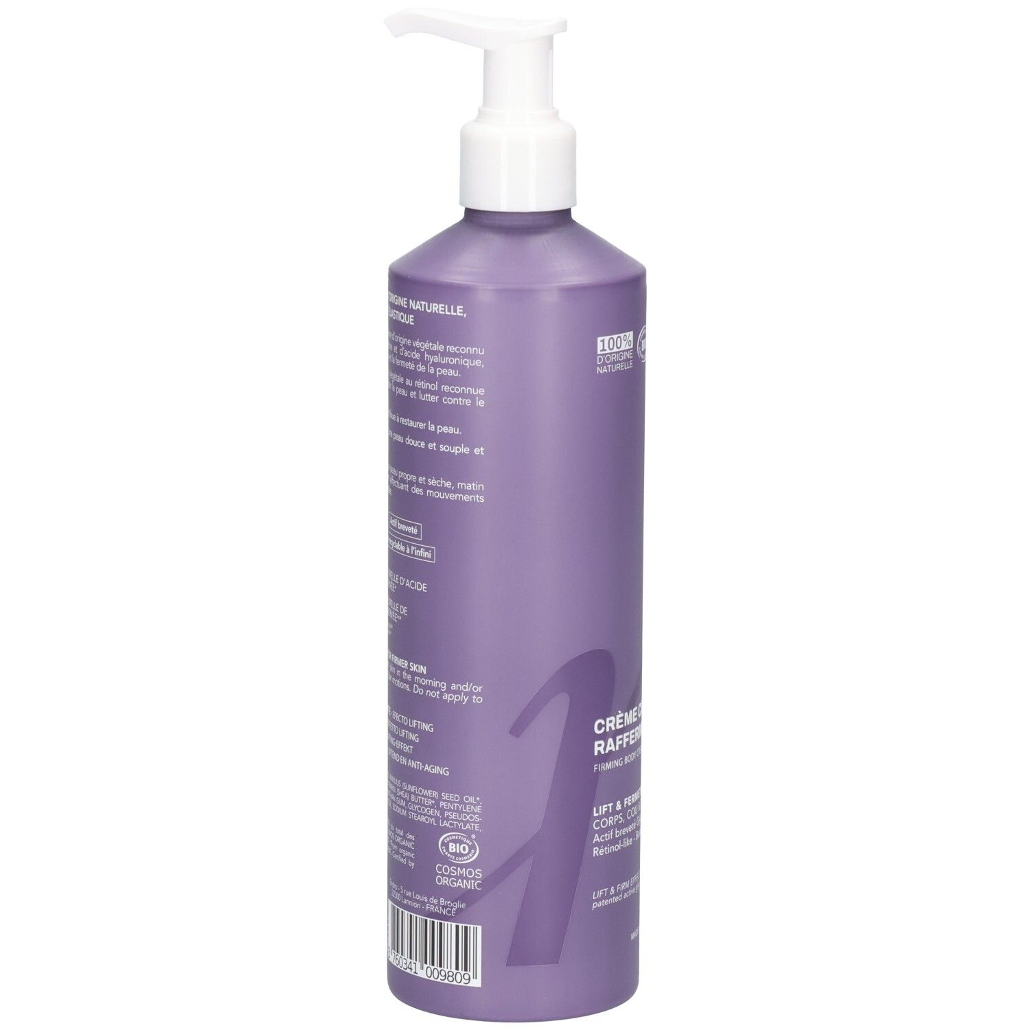 Retro di un flacone viola con pompa Endro Crema Corpo Anti-Età. Include sigilli Bio e informazioni sul prodotto.