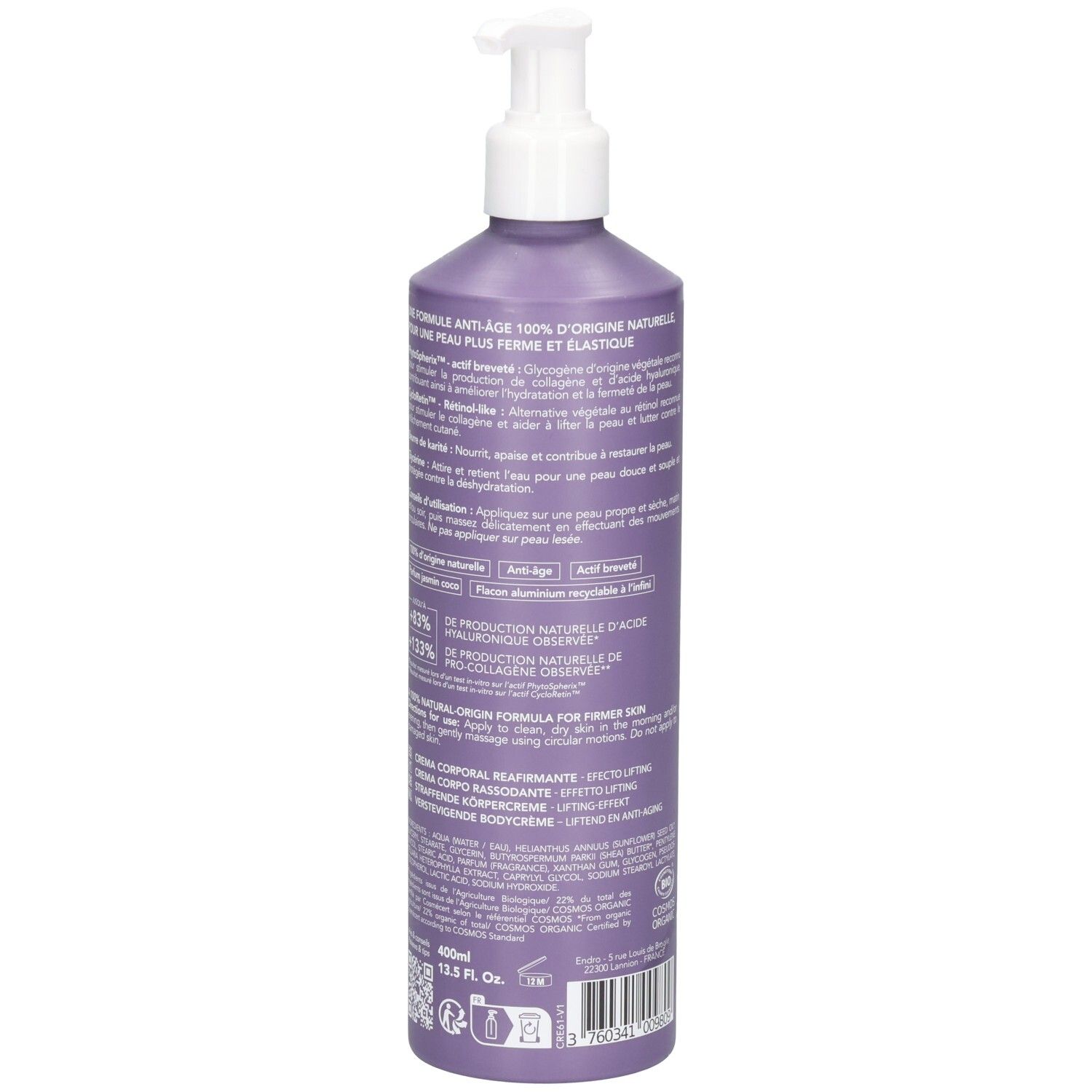 Retro di un flacone viola con pompa Endro Crema Corpo Anti-Età. Include sigilli Bio e informazioni dettagliate sul prodotto.