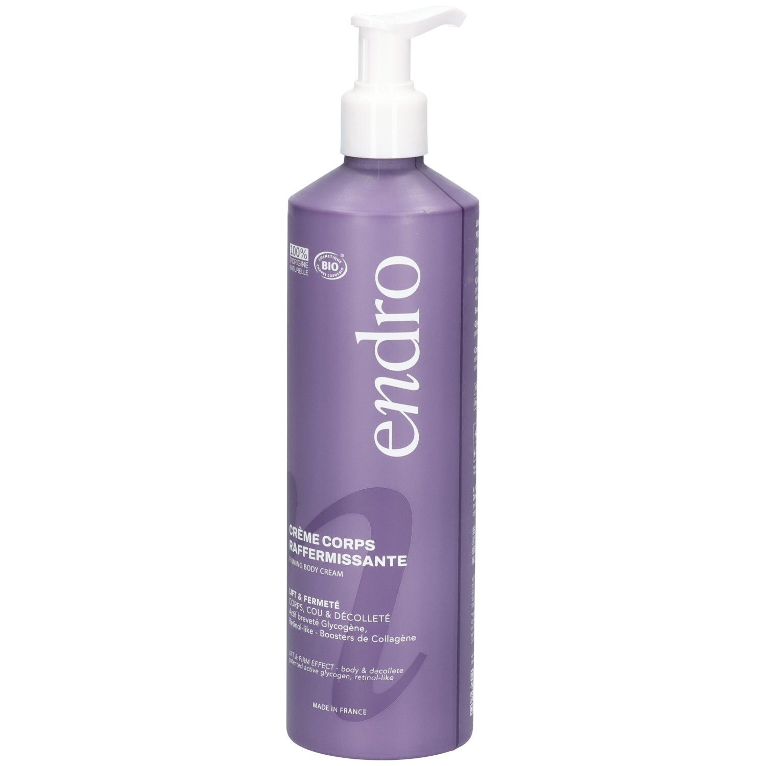Flacone viola con pompa Endro Crema Corpo Anti-Età. Sigilli 100% naturali e Bio.