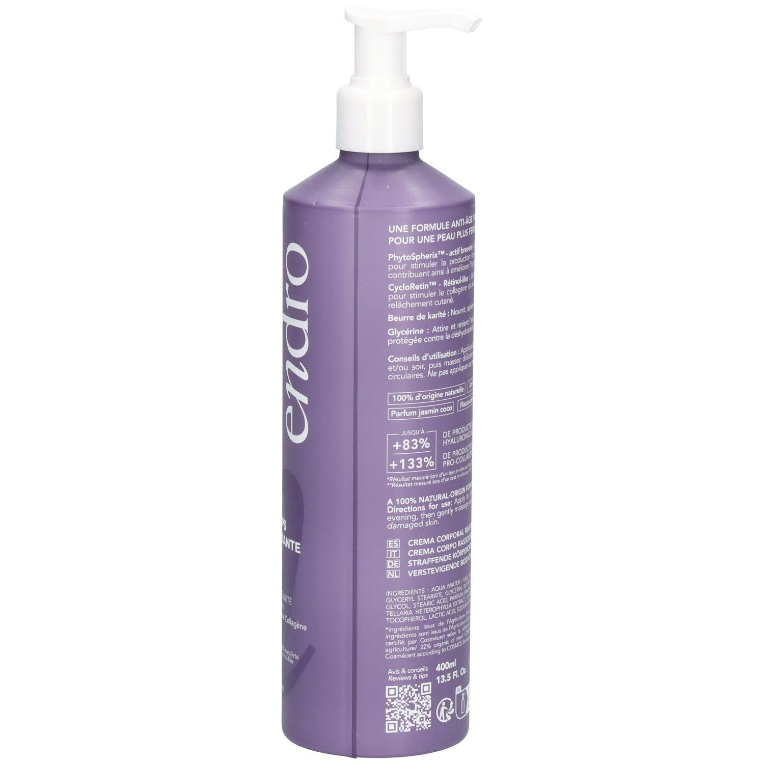 Lato di un flacone viola con pompa Endro Crema Corpo Anti-Età. Mostra il sigillo Bio e il testo sugli ingredienti.