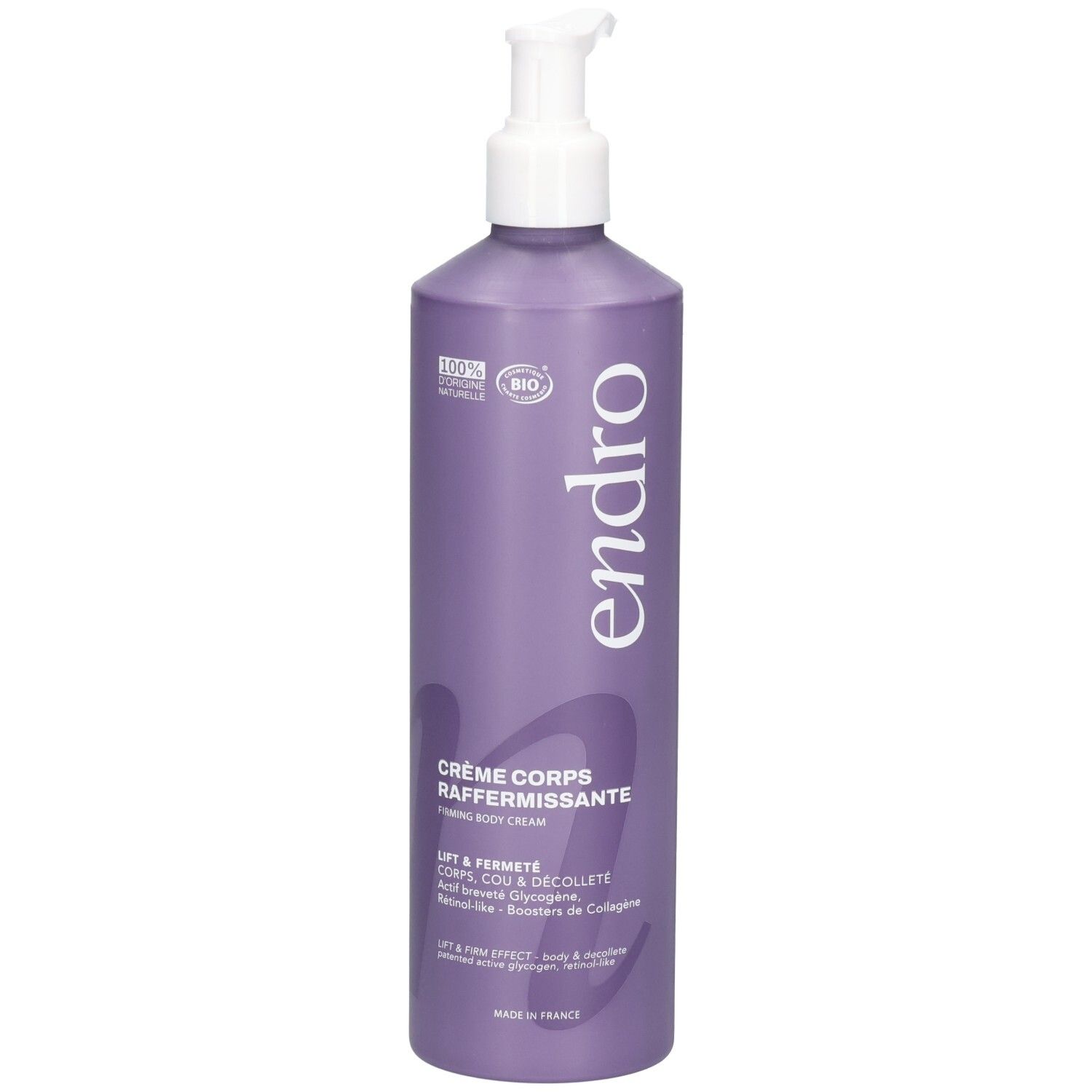Flacone viola con pompa Endro Crema Corpo Anti-Età. Sigilli 100% naturali e Bio.