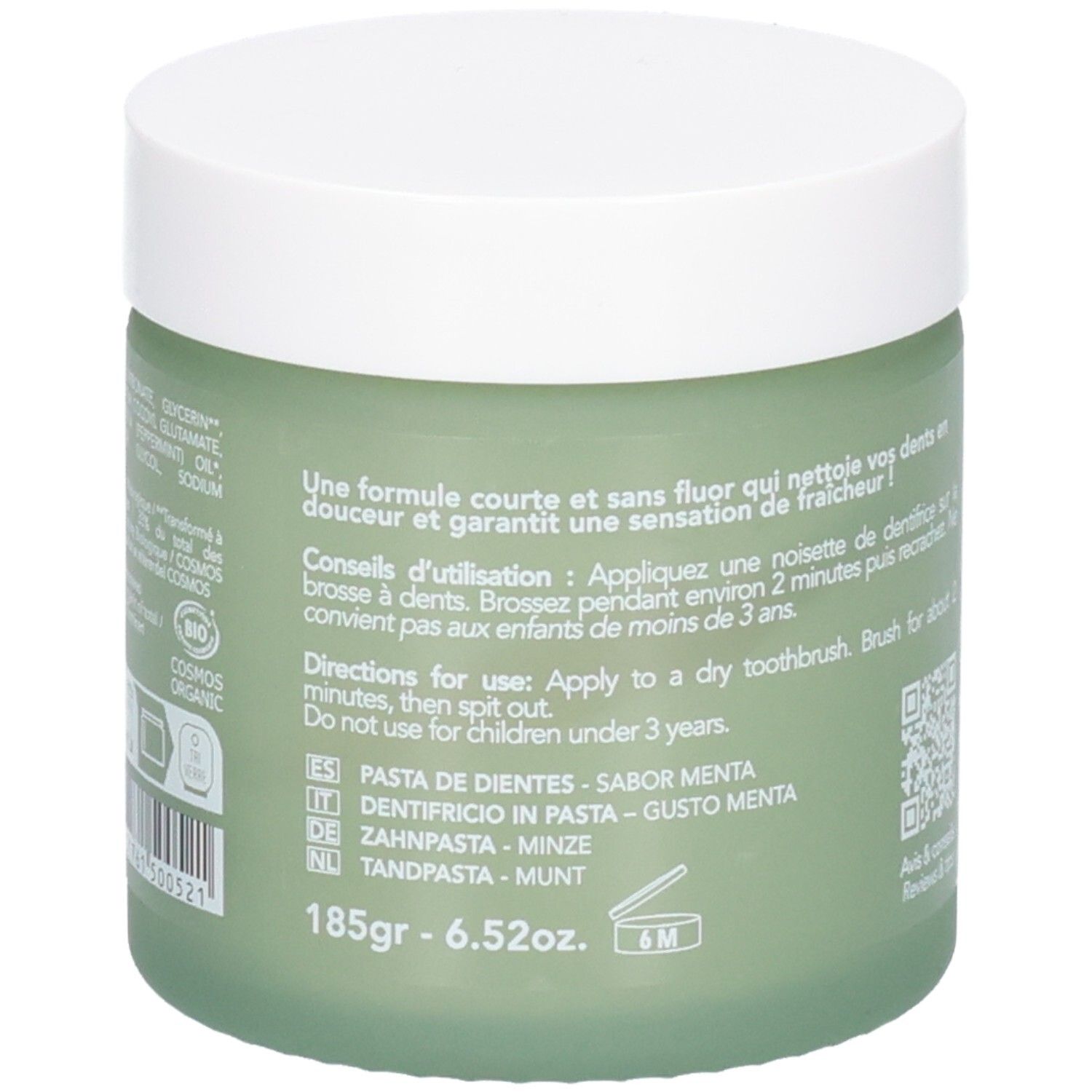 Vasetto verde di dentifricio, 185g. Include certificazione COSMOS ORGANIC.