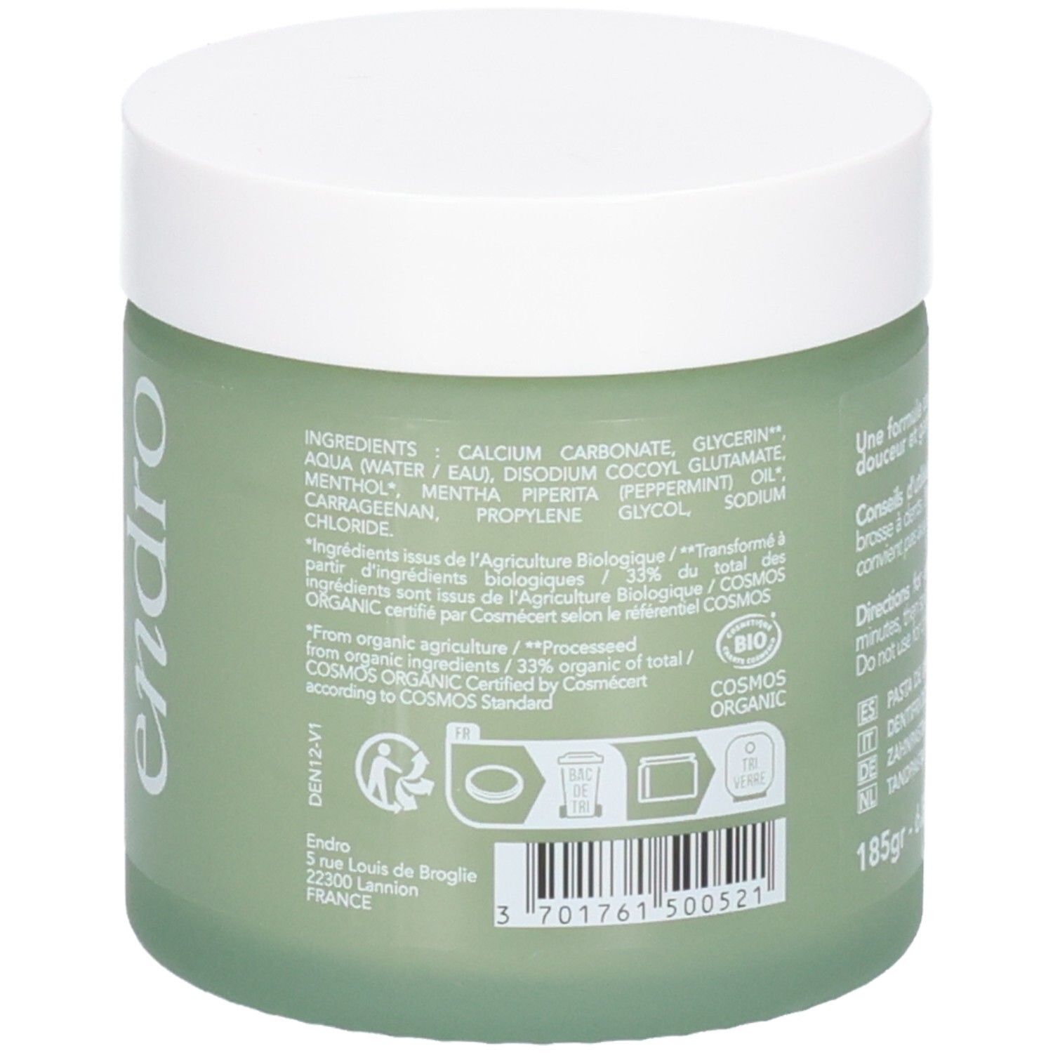 Vasetto verde con coperchio bianco, 185g. Contiene ingredienti come carbonato di calcio e olio di menta piperita. Certificato BIO COSMOS ORGANIC.