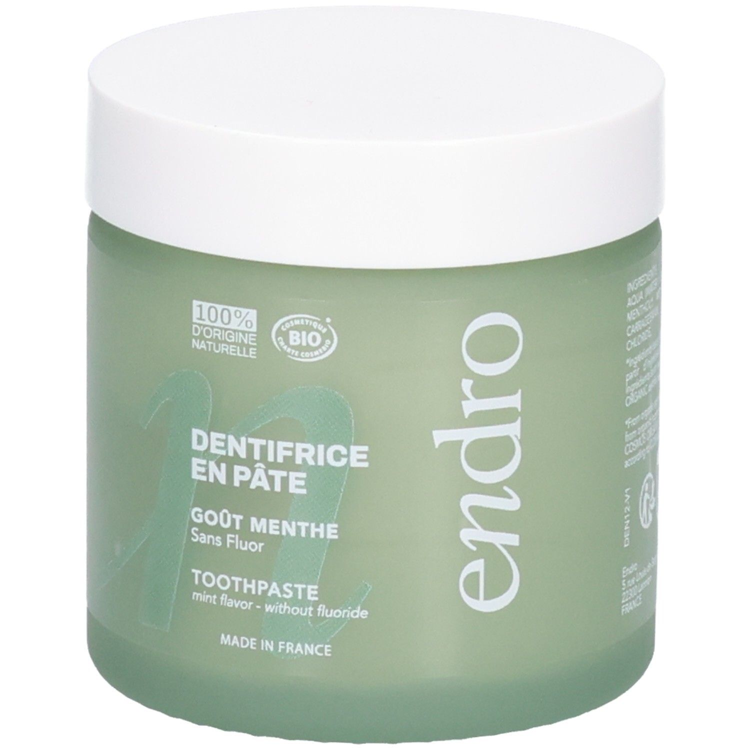 Endro dentifricio in pasta in barattolo, gusto menta, senza fluoro, 100% origine naturale bio, Made in France.