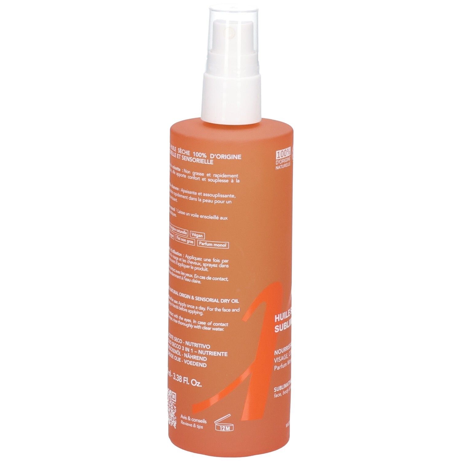 Retro di un flacone spray arancione con informazioni sul prodotto e logo.