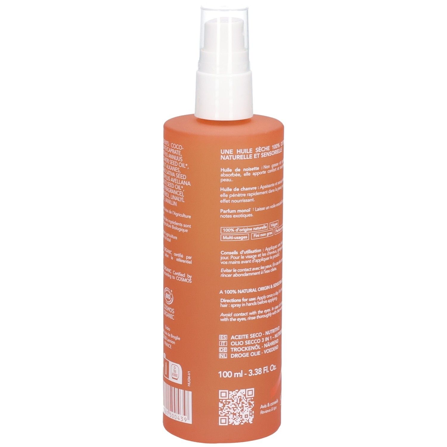 Retro di un flacone spray arancione con ingredienti e certificazioni.