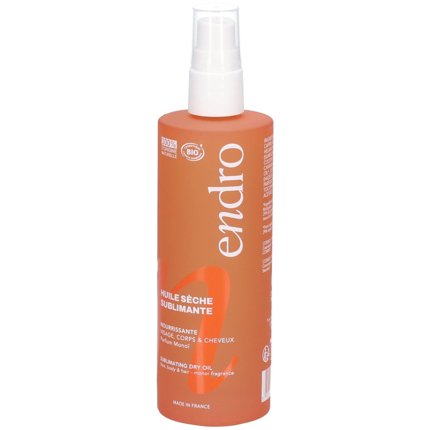Flacone spray arancione con logo Endro e testo 'Huile Sèche Sublimante'.