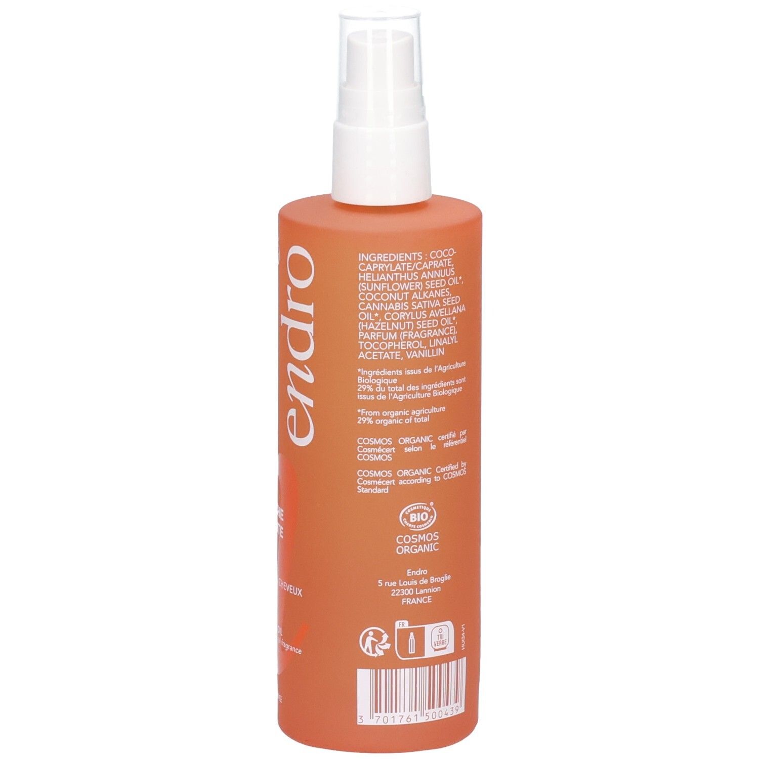 Retro di un flacone spray arancione con ingredienti e certificazioni.
