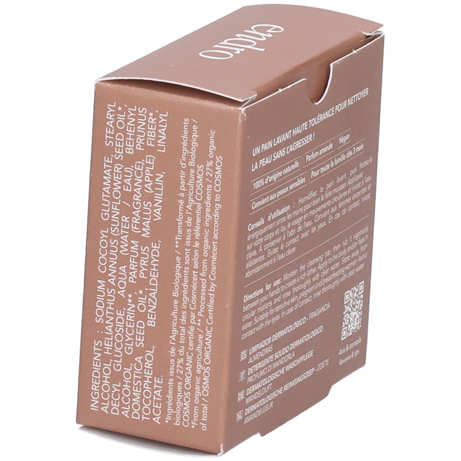 Vista laterale della confezione Endro Sapone Dermatologico con elenco dettagliato degli ingredienti.