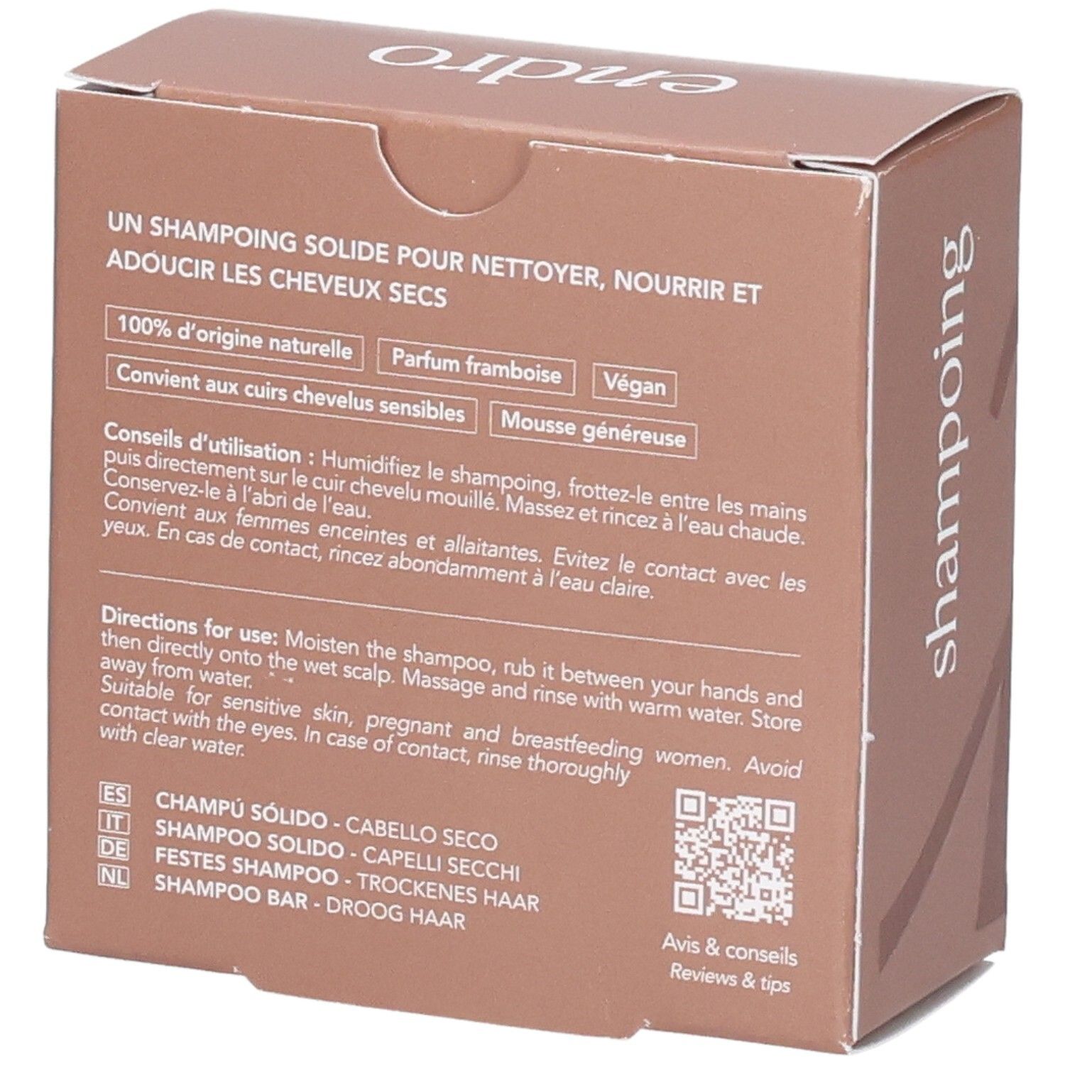 Confezione in cartone marrone per shampoo solido, con testo multilingue e codice QR.