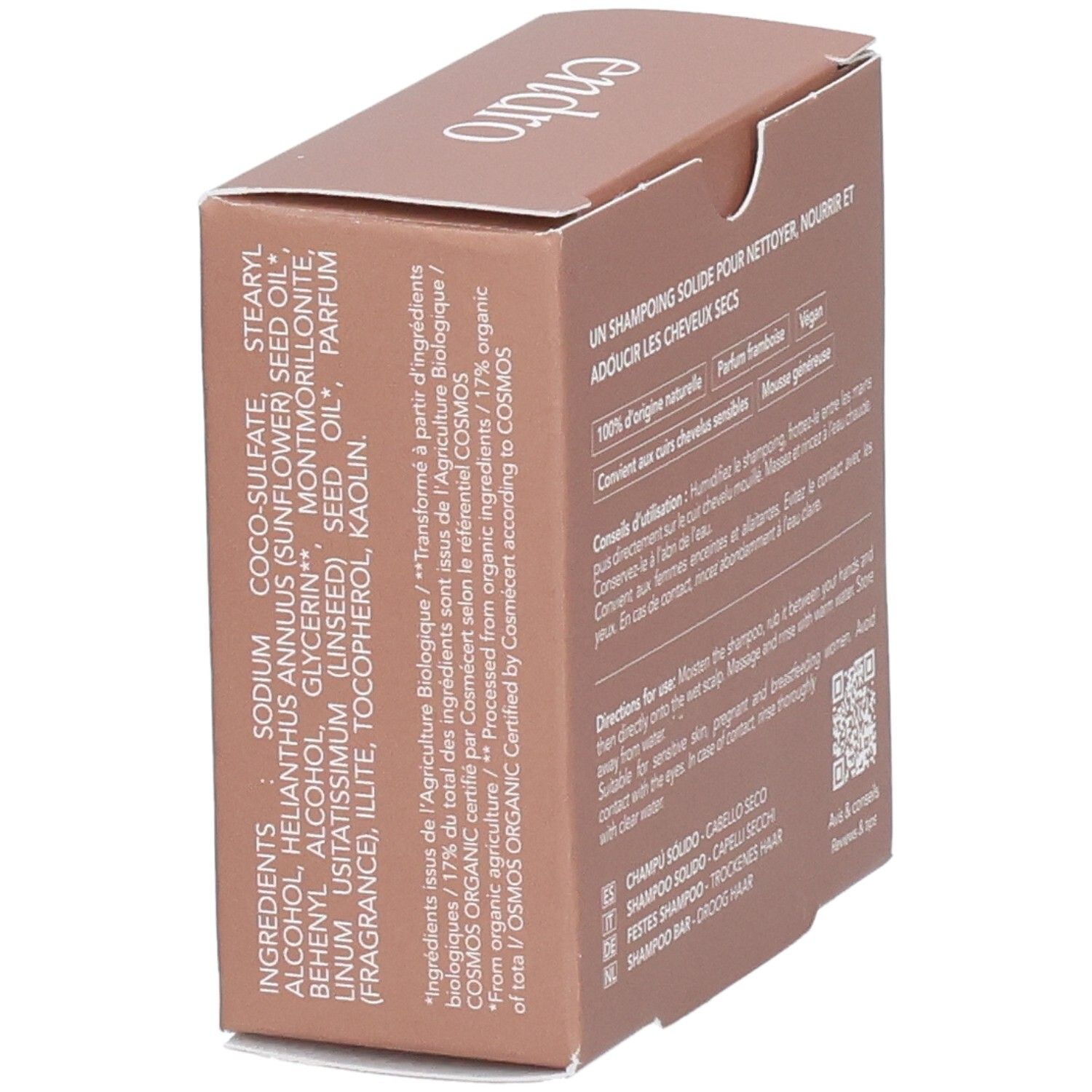 Scatola di cartone marrone per uno shampoo solido, con elenco degli ingredienti e istruzioni per l'uso.