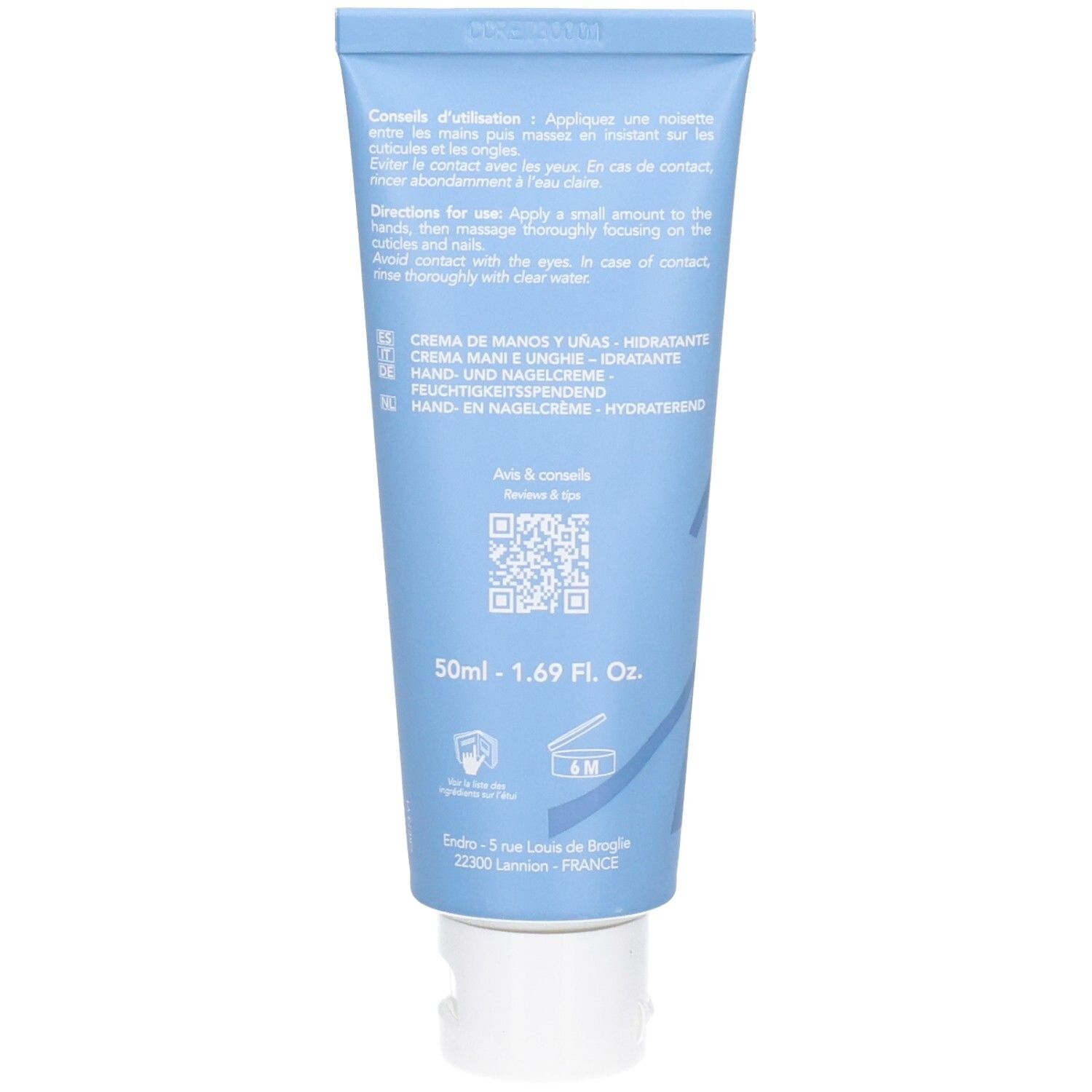 Retro del tubo Endro Crema Mani e Unghie. Contiene istruzioni per l'uso e informazioni sul prodotto. 50ml.