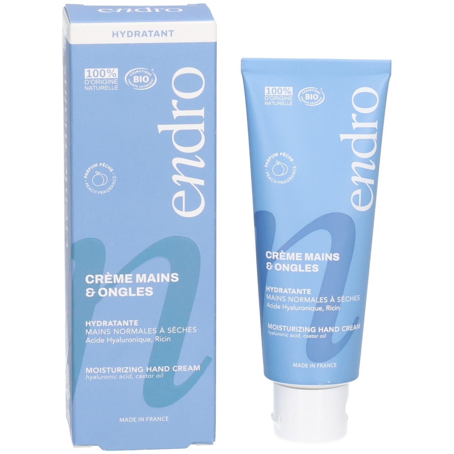 Tubo e scatola Endro Crema Mani e Unghie. Entrambi blu con scritte bianche e sigillo Bio.