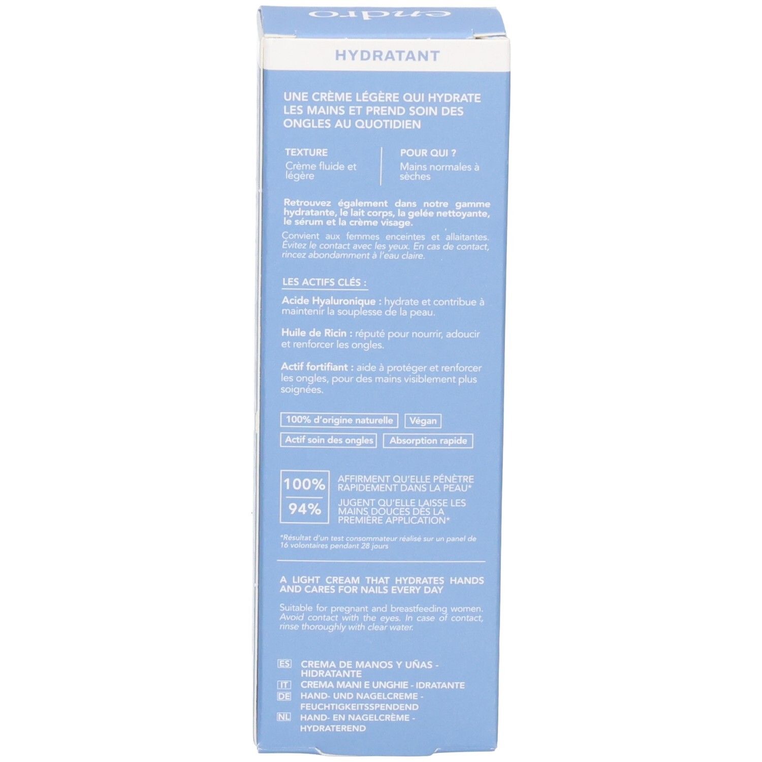Vista laterale della scatola Endro Crema Mani e Unghie blu con ingredienti e certificazioni.