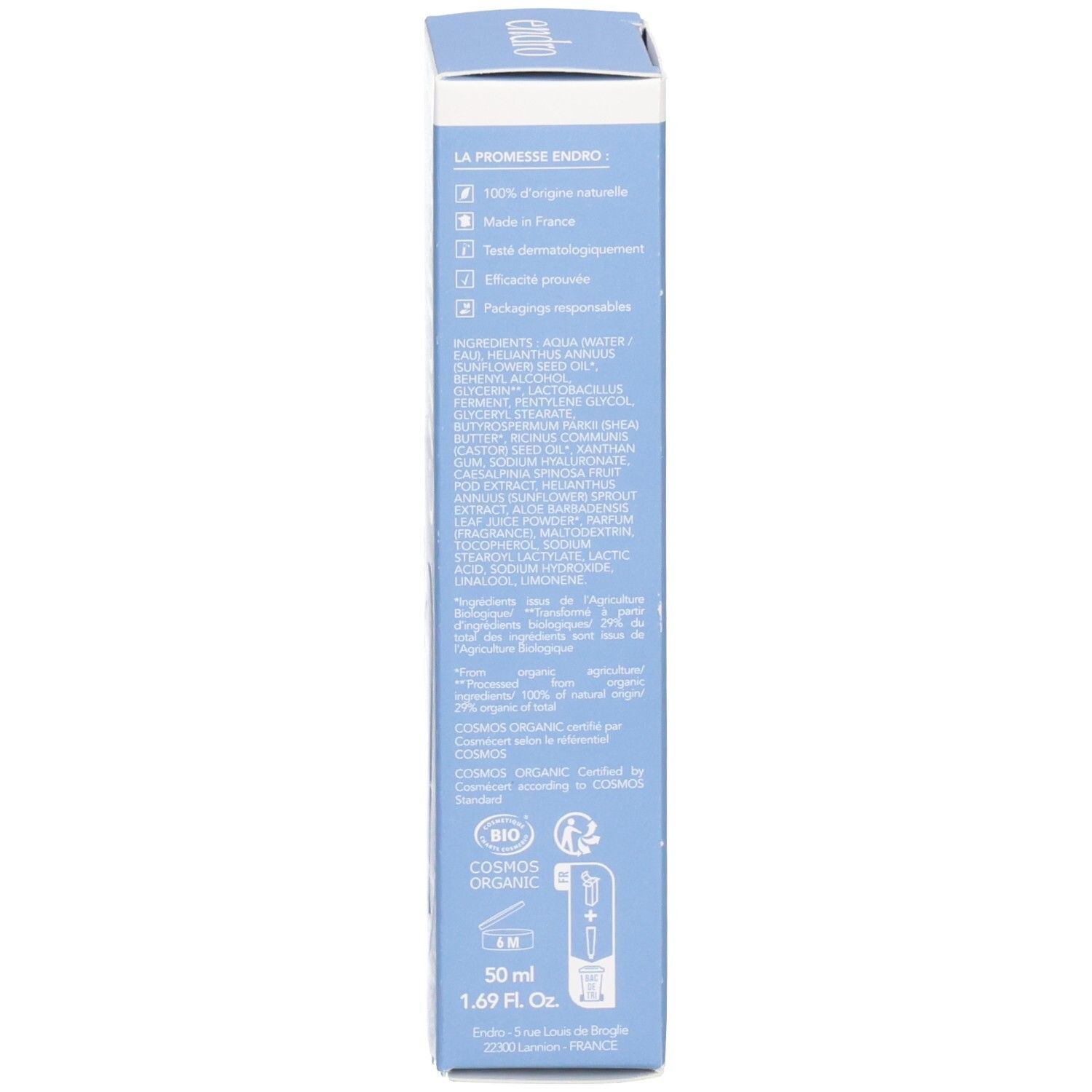 Endro Crema Mani e Unghie in tubo blu. Ingredienti 100% naturali, certificato Bio, Made in France.