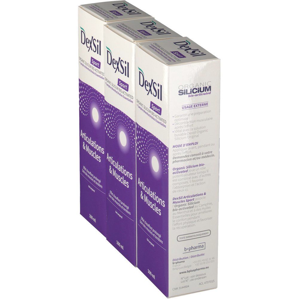 Tre scatole Dexsil Sport, vista laterale. Confezione con informazioni e testo sul prodotto. 100 ml.