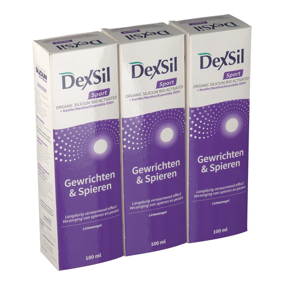Tre scatole Dexsil Sport. Confezione viola e bianca con nome e testo del prodotto. 100 ml.