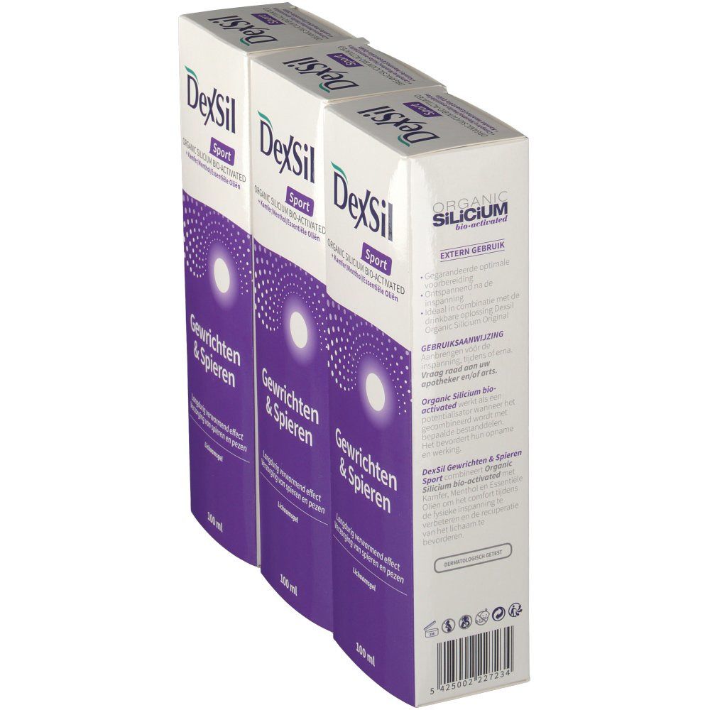 Tre scatole Dexsil Sport, vista laterale. Confezione con informazioni e testo sul prodotto. 100 ml.