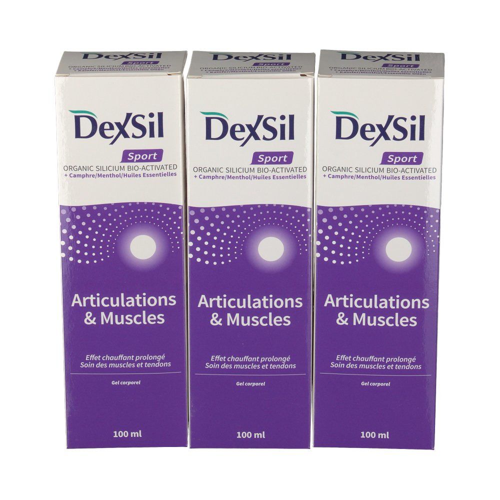 Tre scatole Dexsil Sport. Confezione viola e bianca con nome e testo del prodotto. 100 ml.