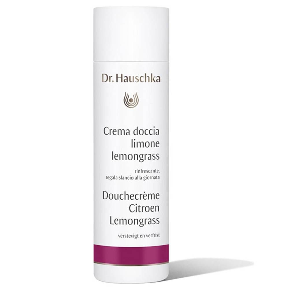Flacone bianco-viola. Scritte: Dr. Hauschka, Crème de Douche Citron Lemongrass. Tedesco, olandese e francese.