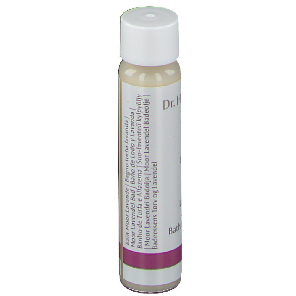 Piccola bottiglia cilindrica. Scritta: Dr. Hauschka, Moor Lavendel Bad, Moor Lavender Calming Bath Essence. Testo multilingue.