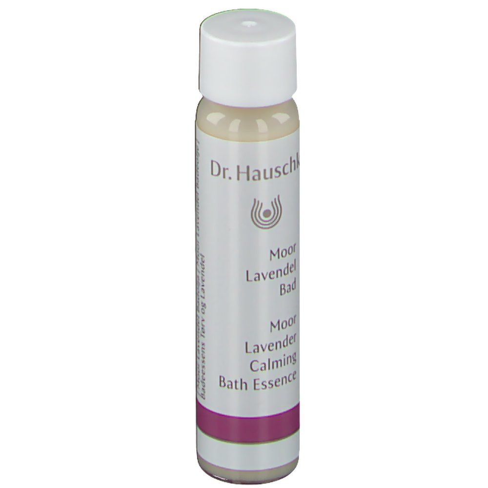 Piccola bottiglia cilindrica con tappo bianco. Scritta: Dr. Hauschka, Moor Lavendel Bad, Moor Lavender Calming Bath Essence.