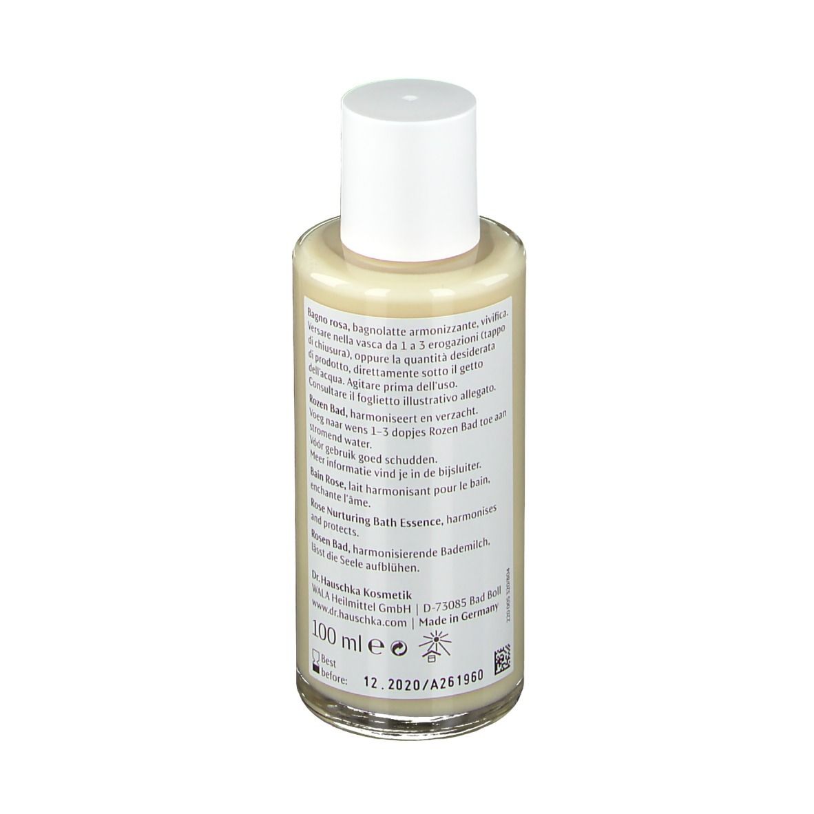 Flacone in vetro con tappo bianco. Etichetta con testo e banda rossa. Retro con testo.