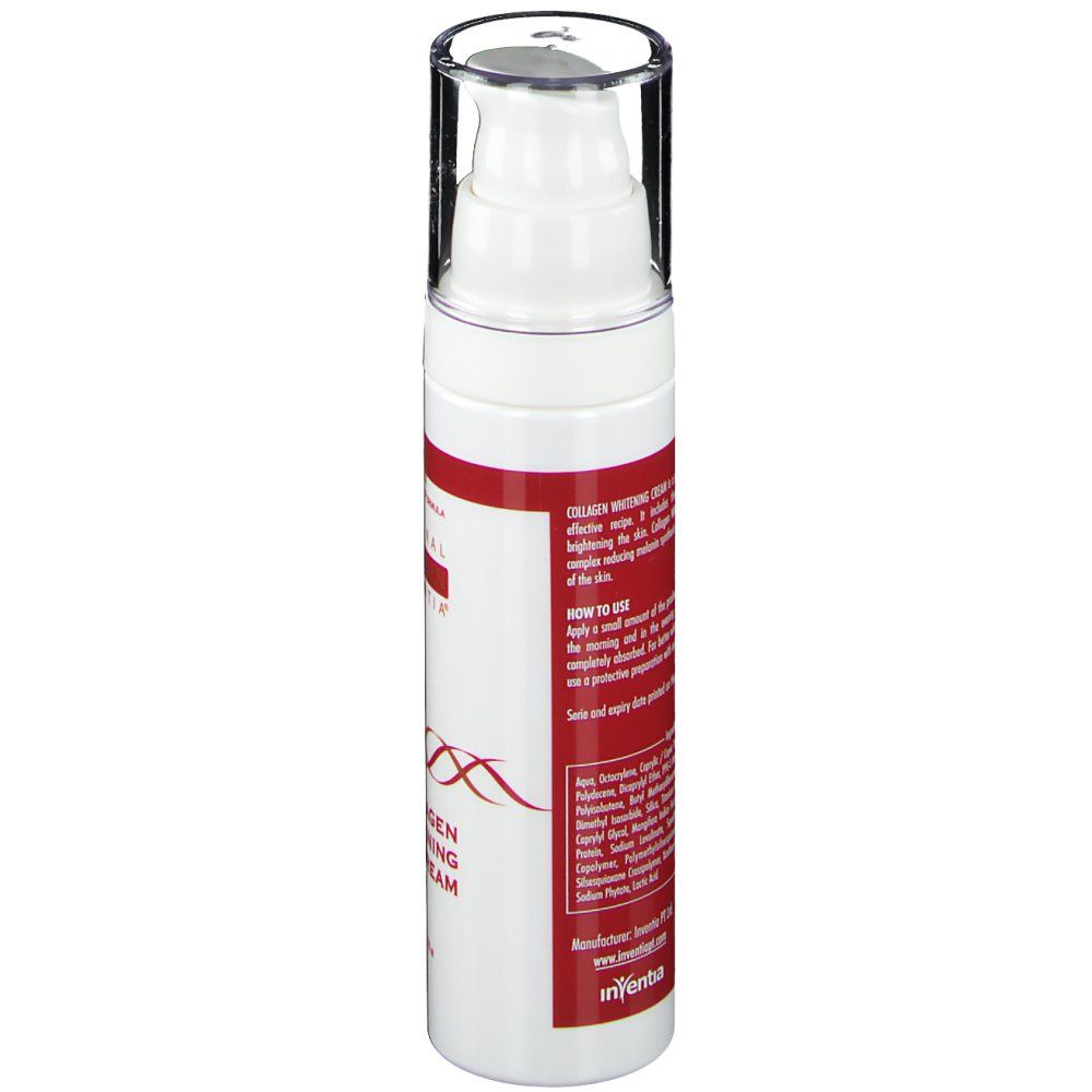 Retro del flacone di crema bianco. Striscia rossa con testo. Tappo trasparente. Testo: Collagen Whitening Cream. Istruzioni per l'uso.