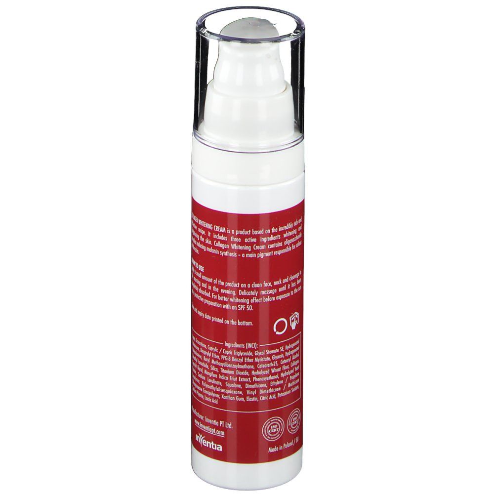 Retro del flacone di crema. Striscia rossa con testo. Tappo trasparente. Testo: Collagen Whitening Cream. Ingredienti (INCI).
