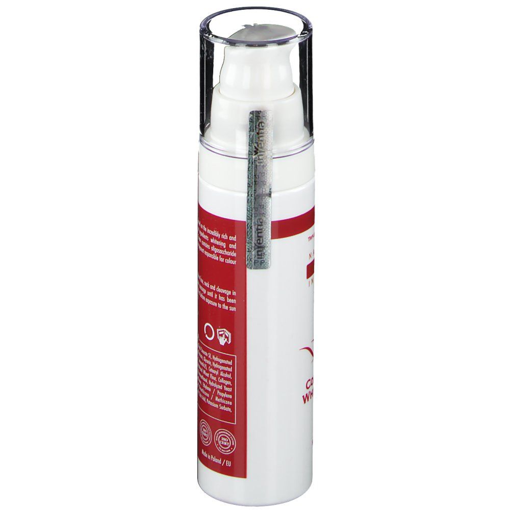 Flacone di crema con fascia rossa. Tappo trasparente. Testo: Collagen Whitening Cream. Sigillo laterale. Certificazioni.