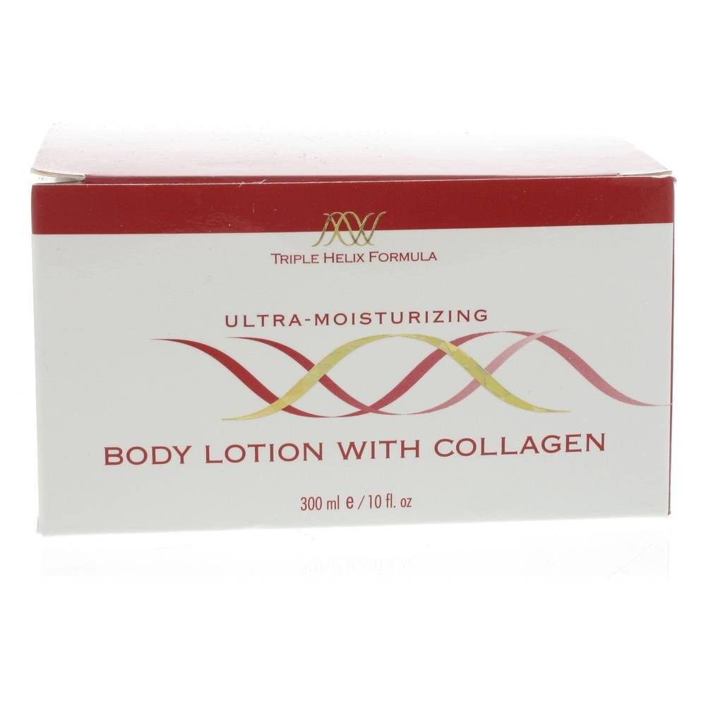 Scatola bianca con coperchio rosso. Scritta: Triple Helix Formula, Ultra-Moisturizing, Body Lotion with Collagen. Volume: 300 ml.