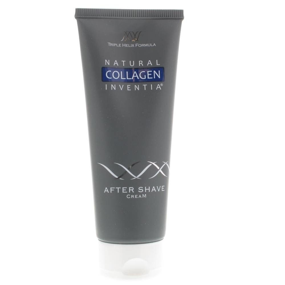 Tubo grigio con scritta "Natural Collagen After Shave Cream". Accenti argento e blu. Tappo bianco.